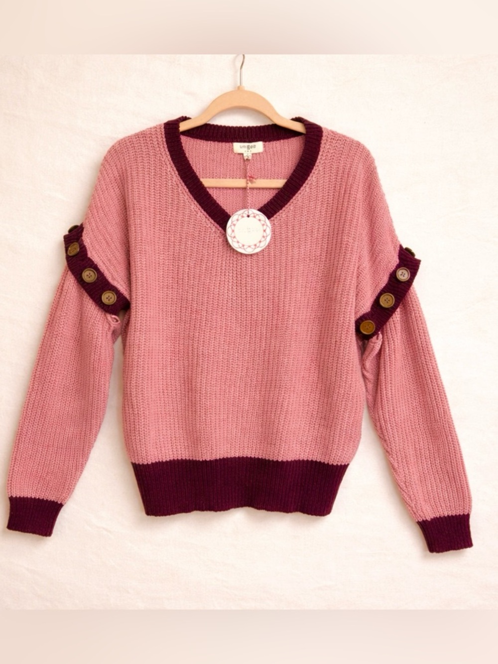 Umgee NWT Pink Sweater w/ Removable Sleeves Pin/Burgundy Small oversized fit
